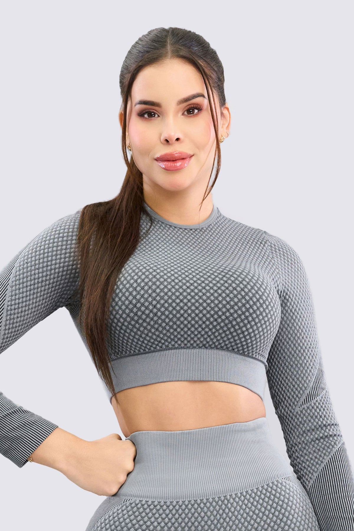 Crop Top Manga Larga Gris Texturizado